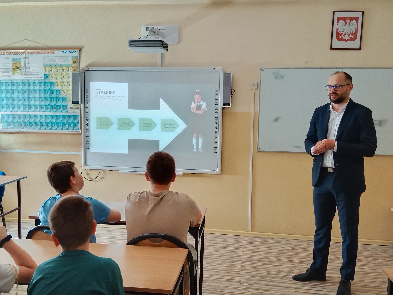 Mężczyzna występuje w Sali lekcyjnej przed grupą dzieci. Na tablicy za nim wyświetlony jest schemat dotyczący stalkingu.