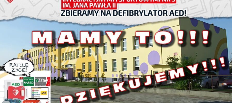 Napis "Mamy to! Dziękujemy!". W tle zdjęcie budynku szkoły.