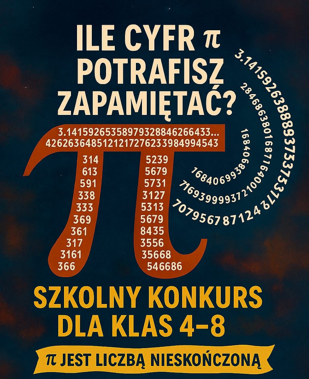 Granatowe tło, jasno brązowa liczba Pi. U góry biały napis: "Ile cyfr potrafisz zapamiętać". Na rysunku rozwinięcie liczby PI.