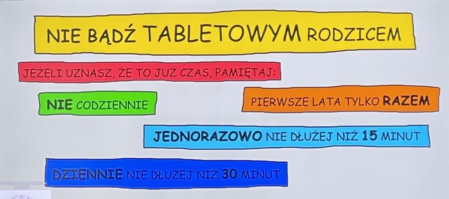 Grafika z poradami dla rodziców. Znajduje się na niej hasło przewodnie: "Nie bądź tabletowym rodzicem".